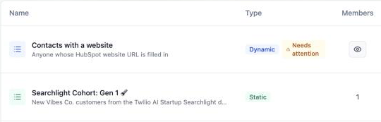 A dynamic list whose rule used a removed HubSpot field, marked Needs attention in the lists table.