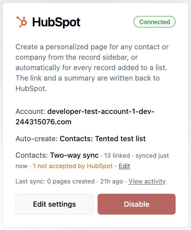 The HubSpot tile with its Contacts line: two-way sync, linked contacts, last sync, and contacts HubSpot did not accept.