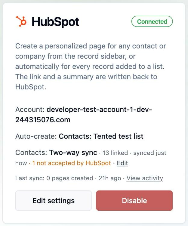 The HubSpot tile with its Contacts line: two-way sync, linked contacts, last sync, and contacts HubSpot did not accept.