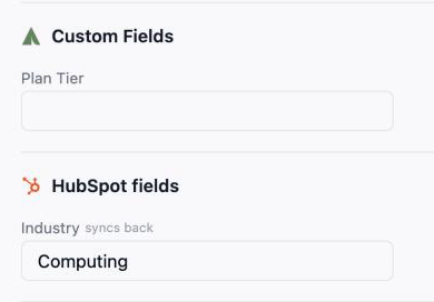 A contact in People with its HubSpot fields group; Industry is marked as syncing back.