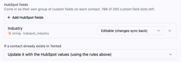 The HubSpot fields section with Industry set to Editable, and the duplicates choice below it.