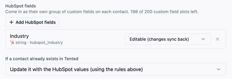 The HubSpot fields section with Industry set to Editable, and the duplicates choice below it.
