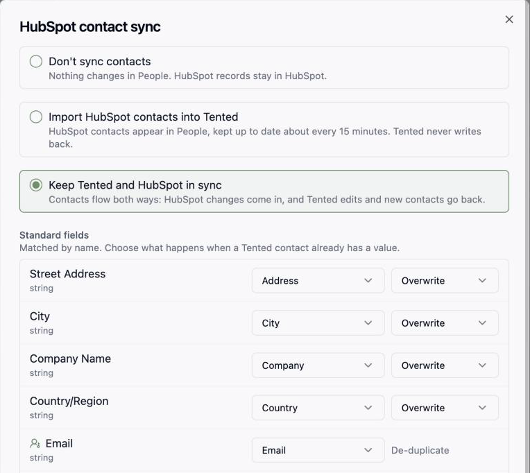 The Contacts step: the three sync options and the standard field mapping.