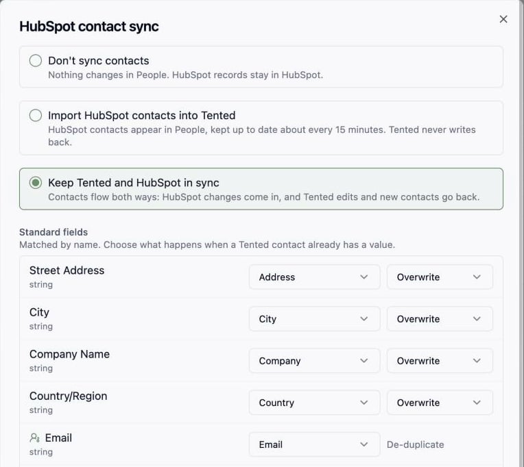 The Contacts step: the three sync options and the standard field mapping.