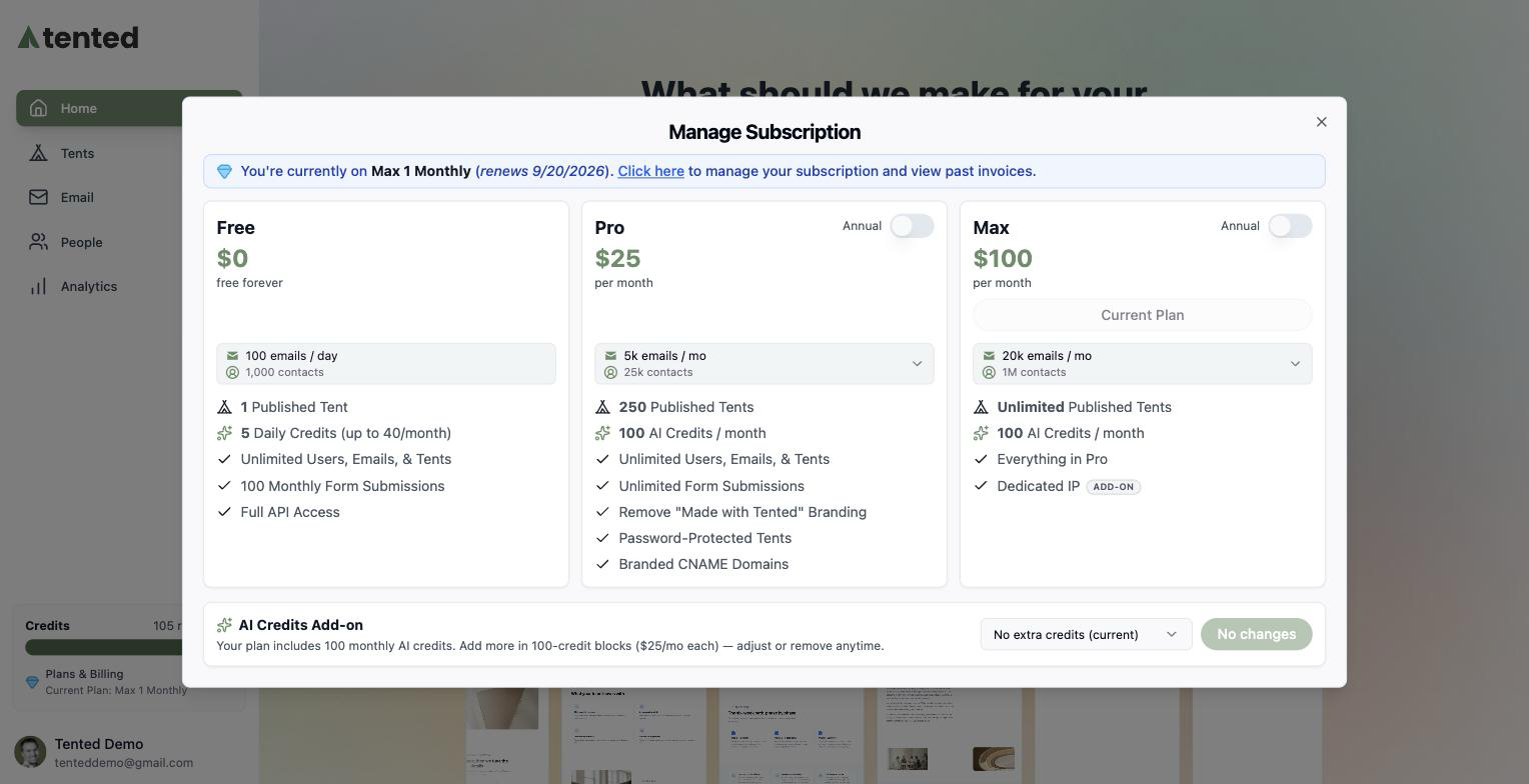 A screenshot of the Manage Subscription dialog showing the Free, Pro, and Max plan cards with the AI Credits Add-on panel at the bottom.