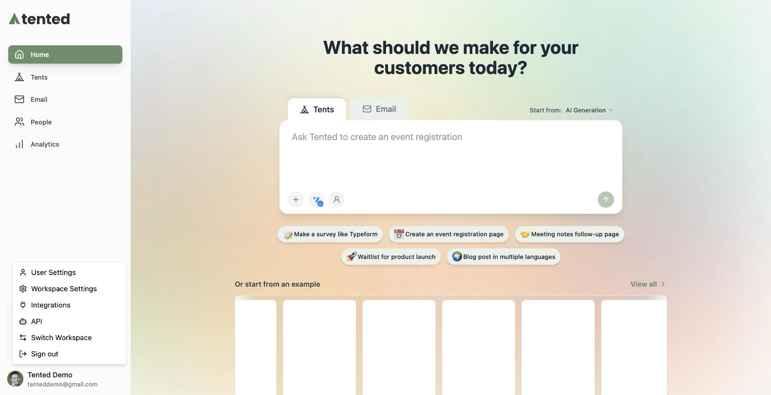 A screenshot of the profile menu open in the sidebar, showing User Settings, Workspace Settings, Integrations, API, Switch Workspace, and Sign out.