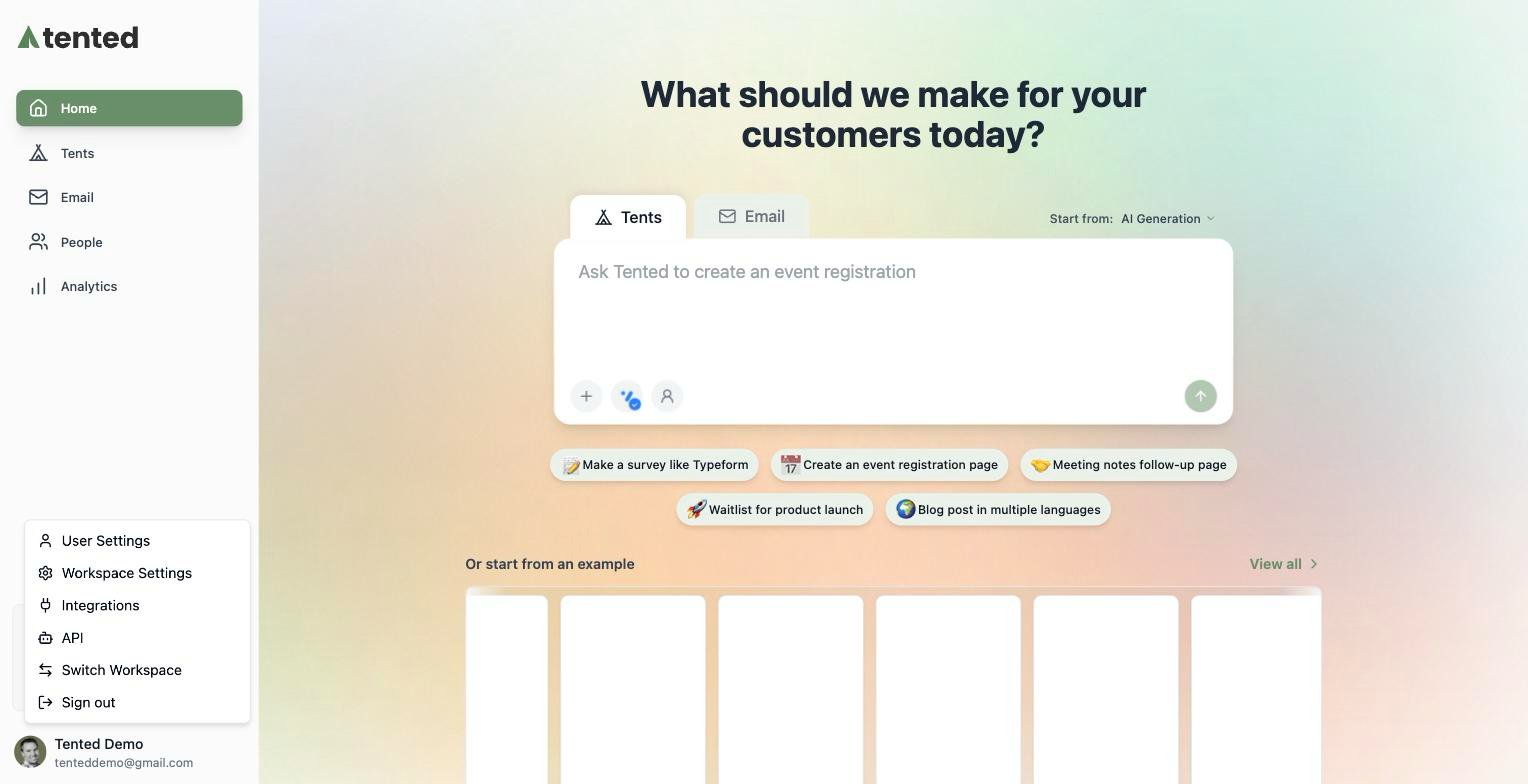 A screenshot of the profile menu open in the sidebar, showing User Settings, Workspace Settings, Integrations, API, Switch Workspace, and Sign out.