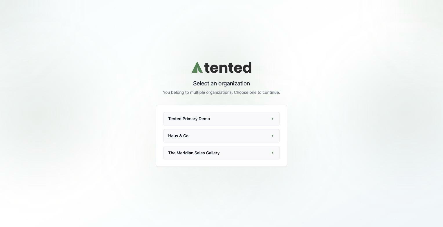 A screenshot of the Select an organization page at login, listing three workspaces to choose from.