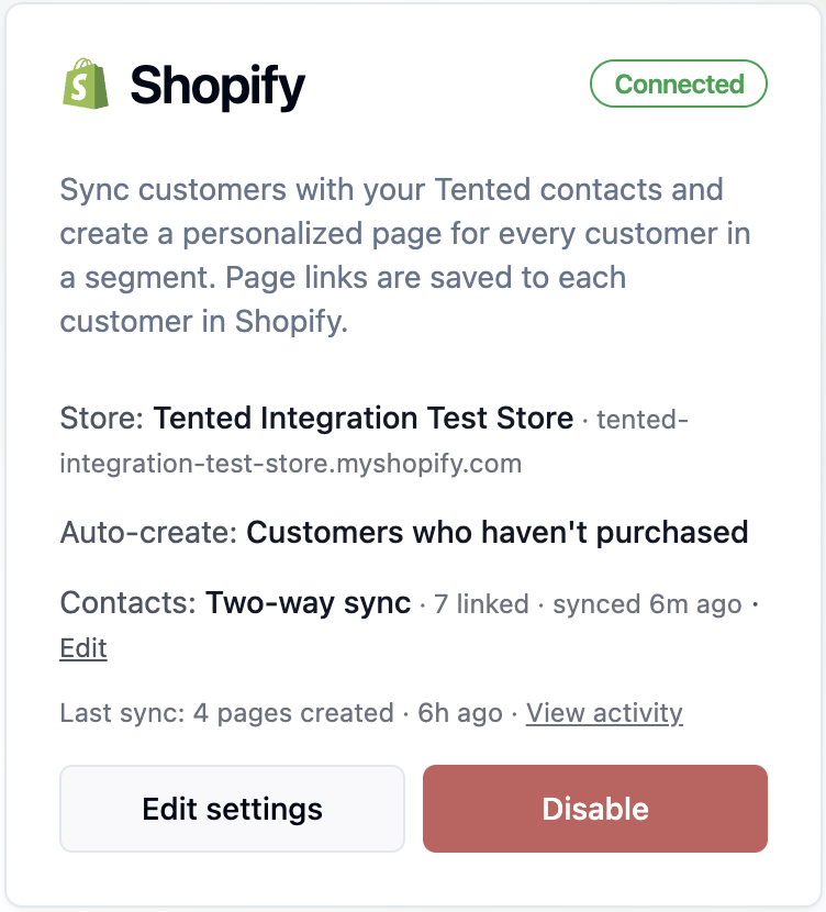 The Shopify tile once connected: store, segment, contact sync status, and last sync.