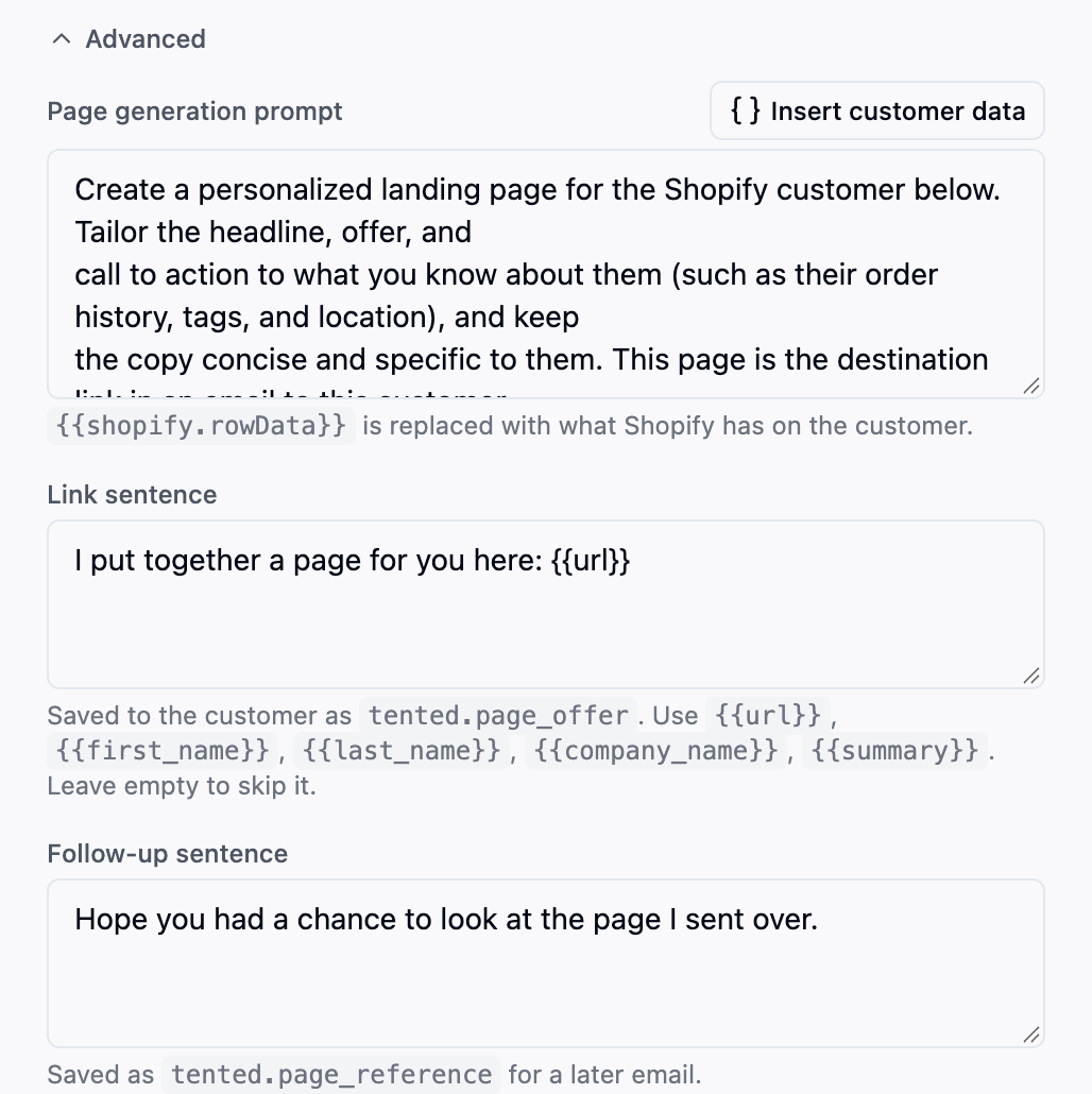 The Advanced section with the page generation prompt, the link sentence, and the follow-up sentence.