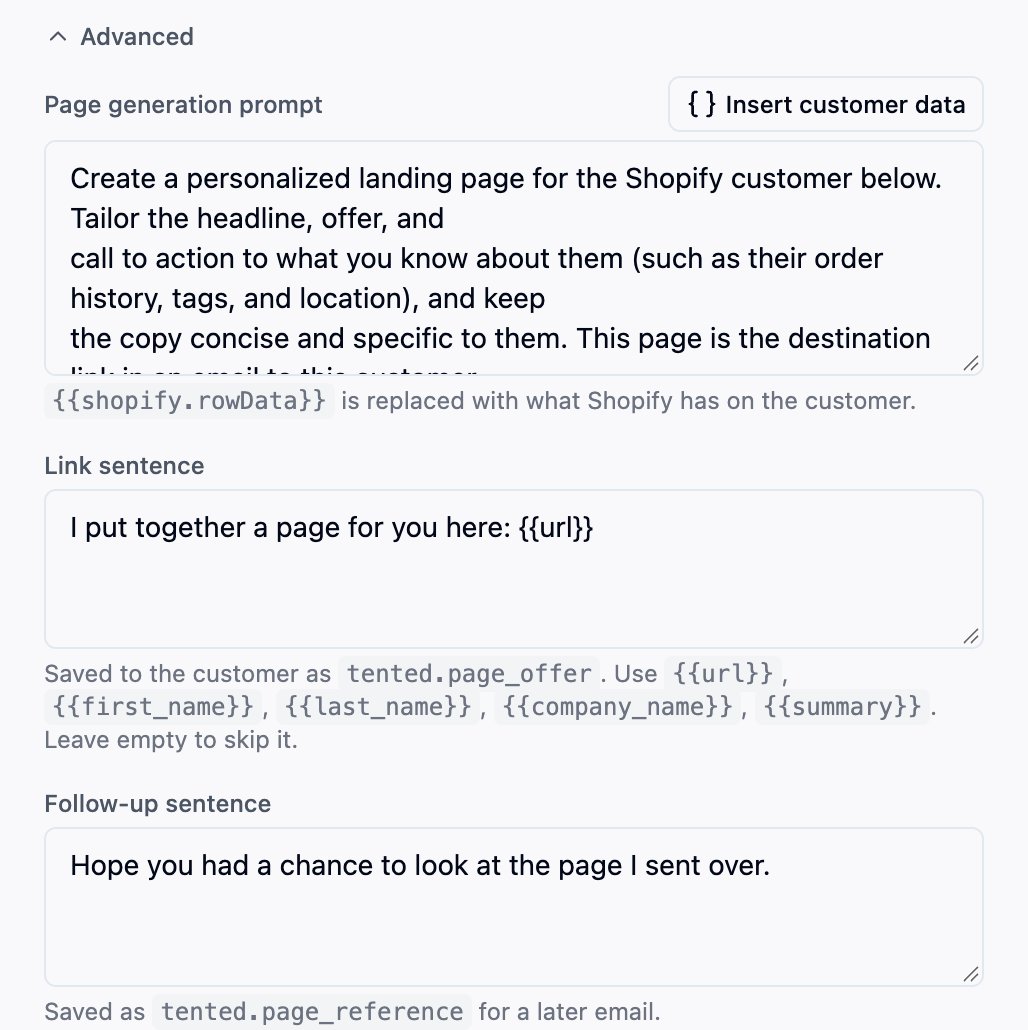 The Advanced section with the page generation prompt, the link sentence, and the follow-up sentence.