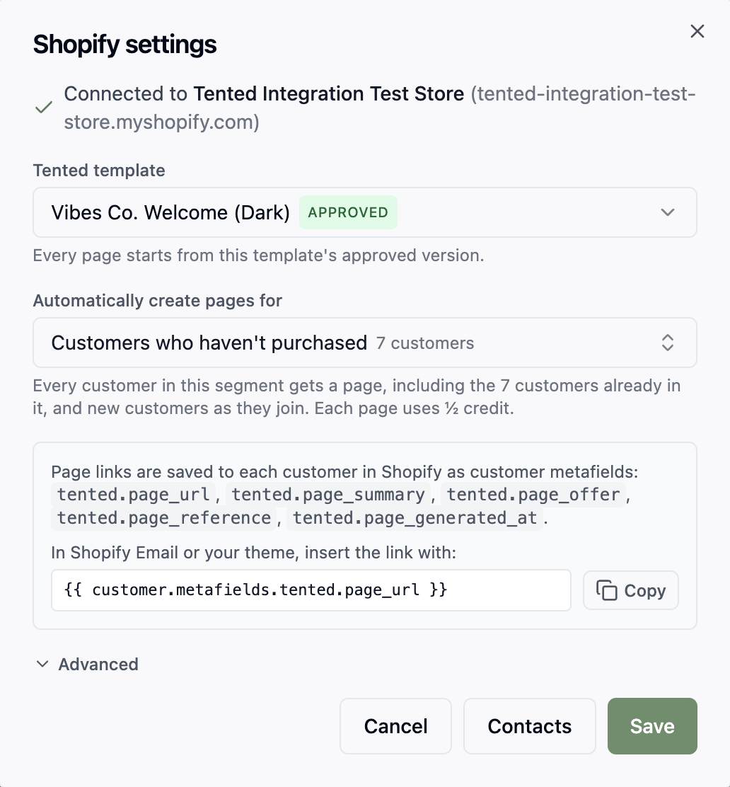 The Pages step: the template, the chosen segment, and the metafields Tented saves to each customer.