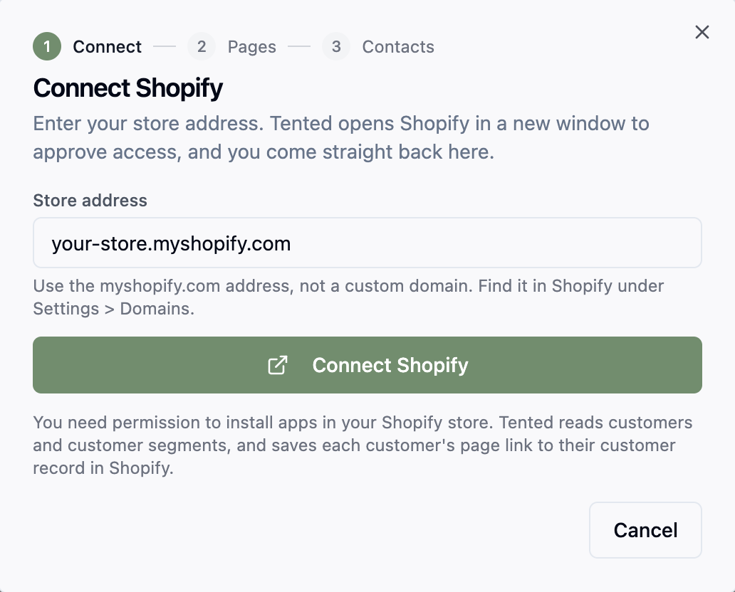 The Connect Shopify dialog with the store address filled in.