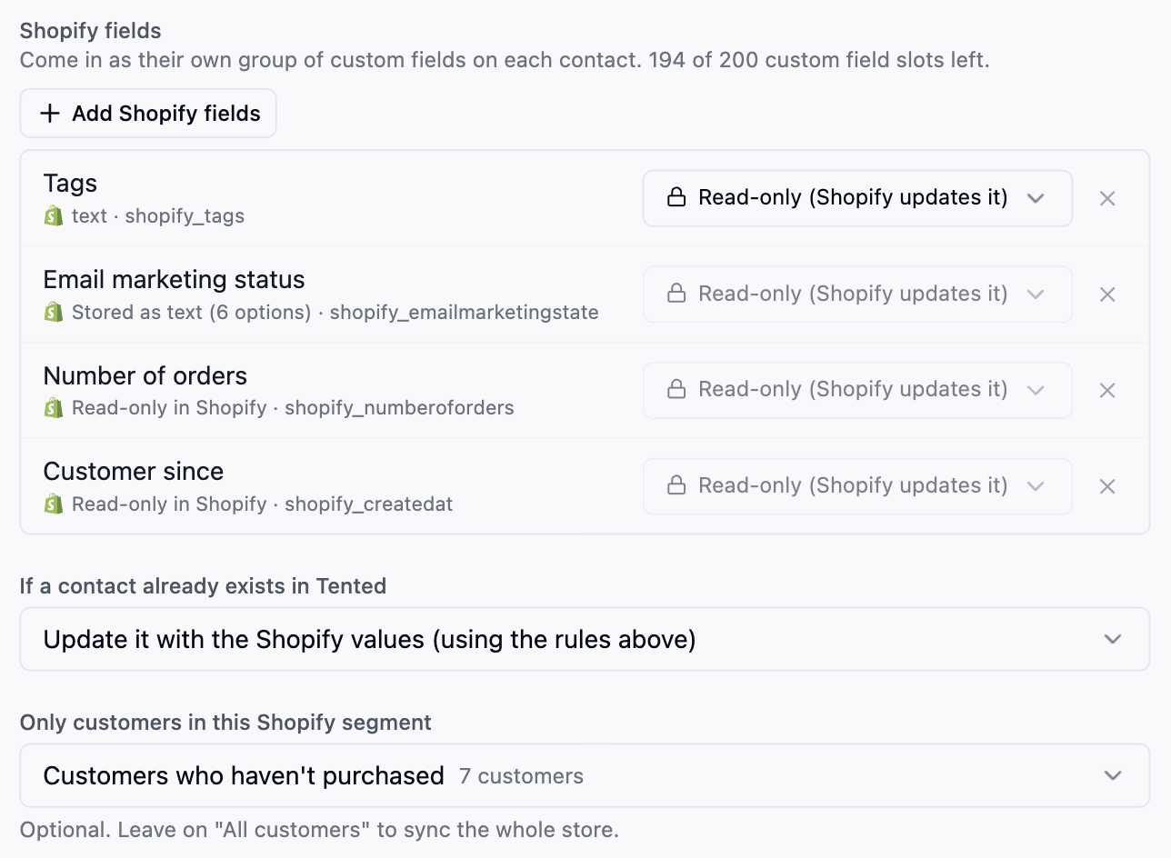 Shopify fields added to the sync, the duplicates choice, and the segment the sync is limited to.