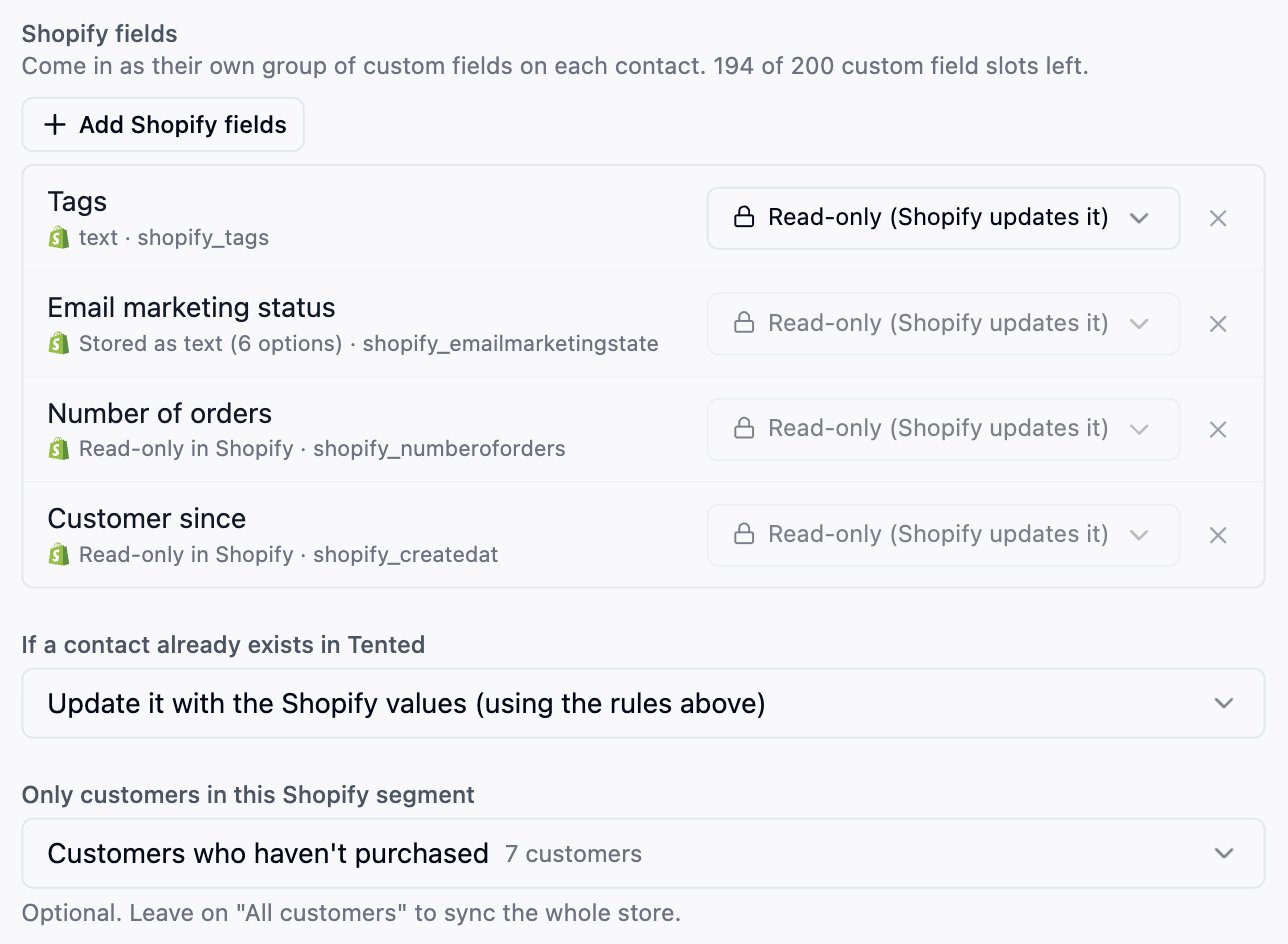 Shopify fields added to the sync, the duplicates choice, and the segment the sync is limited to.