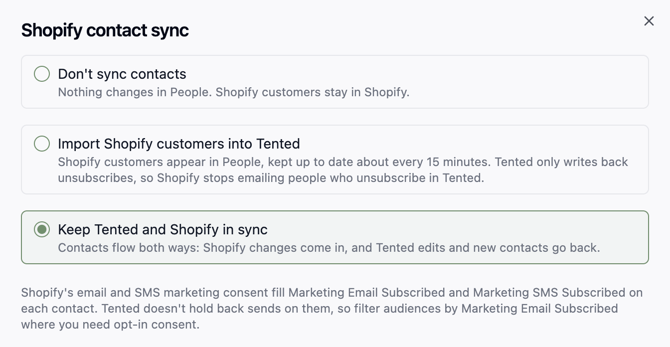 The Contacts step: the three sync options and the note on email and SMS consent.