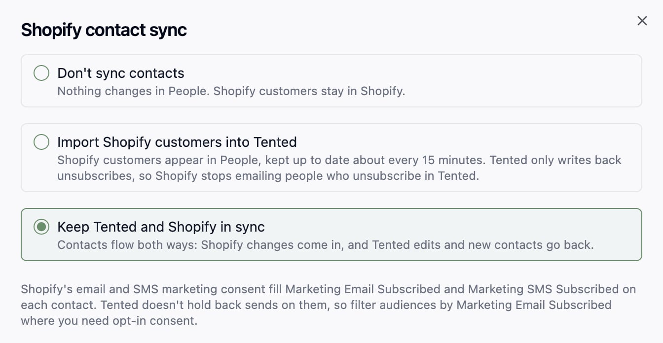 The Contacts step: the three sync options and the note on email and SMS consent.