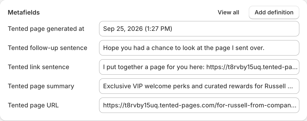 A customer in Shopify with the five Tented metafields filled in.