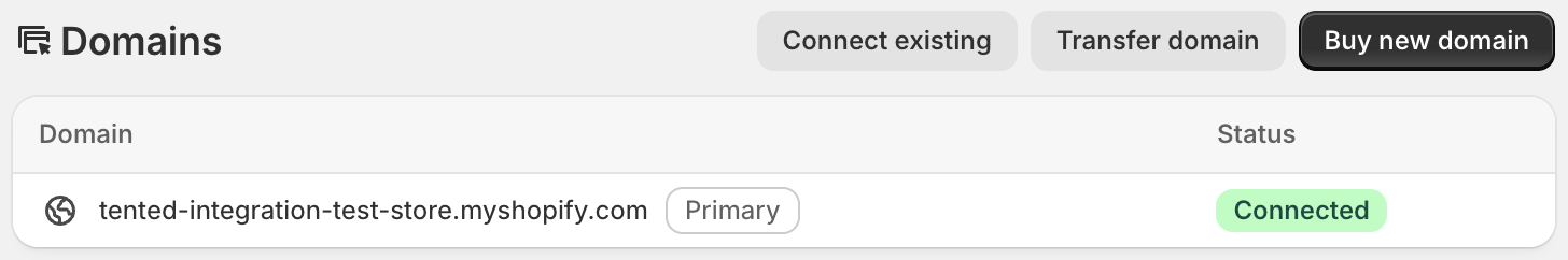 Shopify's Settings → Domains page, showing the store's myshopify.com address.