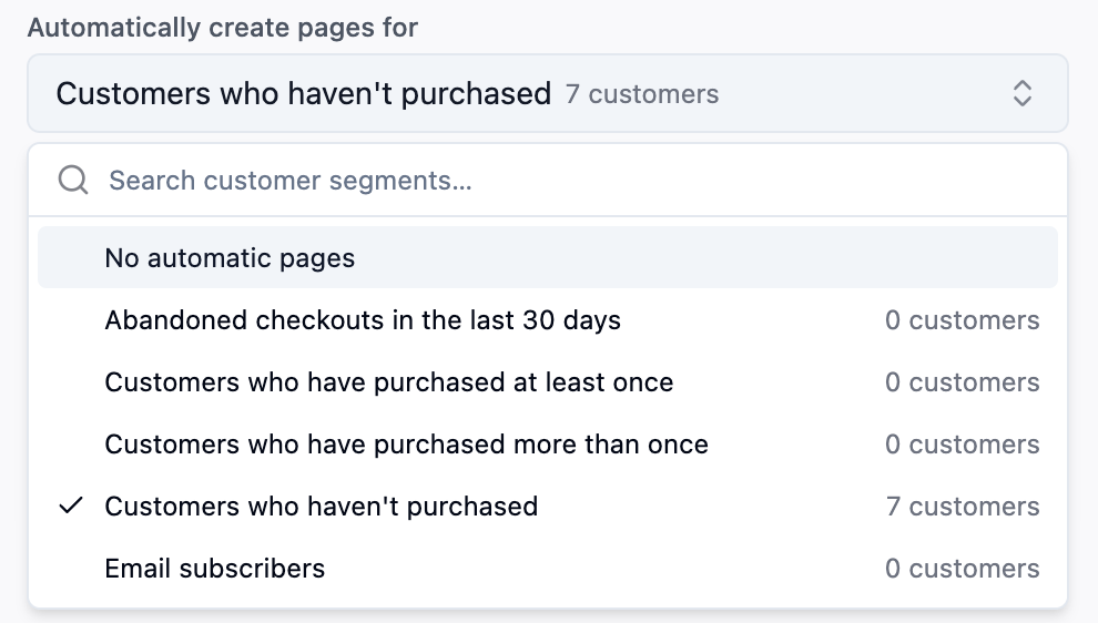 The segment picker, listing each Shopify segment with its number of customers.