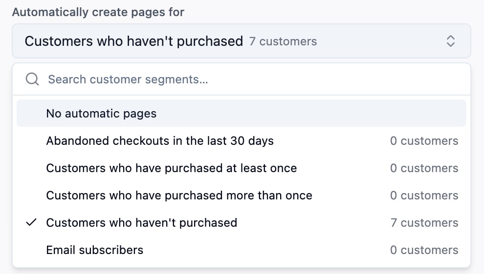 The segment picker, listing each Shopify segment with its number of customers.