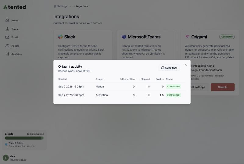 The Origami activity dialog listing recent syncs.