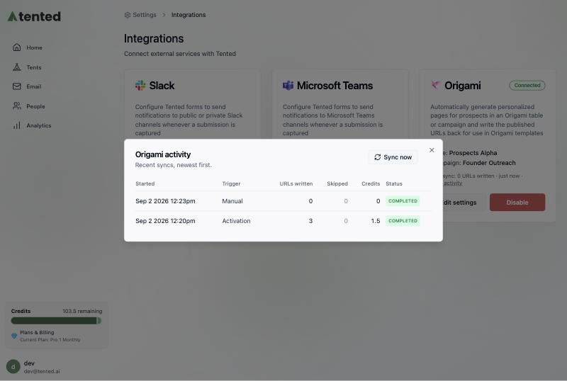 The Origami activity dialog listing recent syncs.