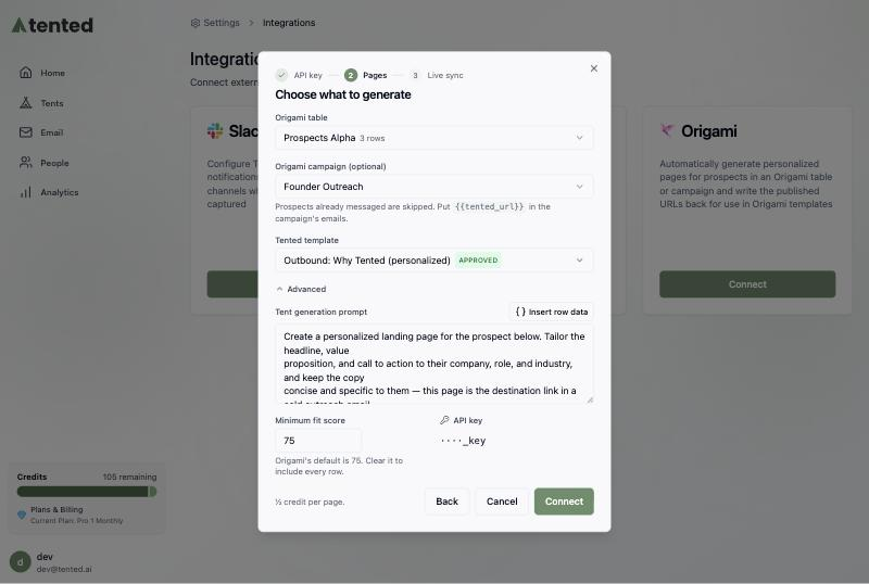 The Advanced section with the generation prompt, minimum fit score, and API key.