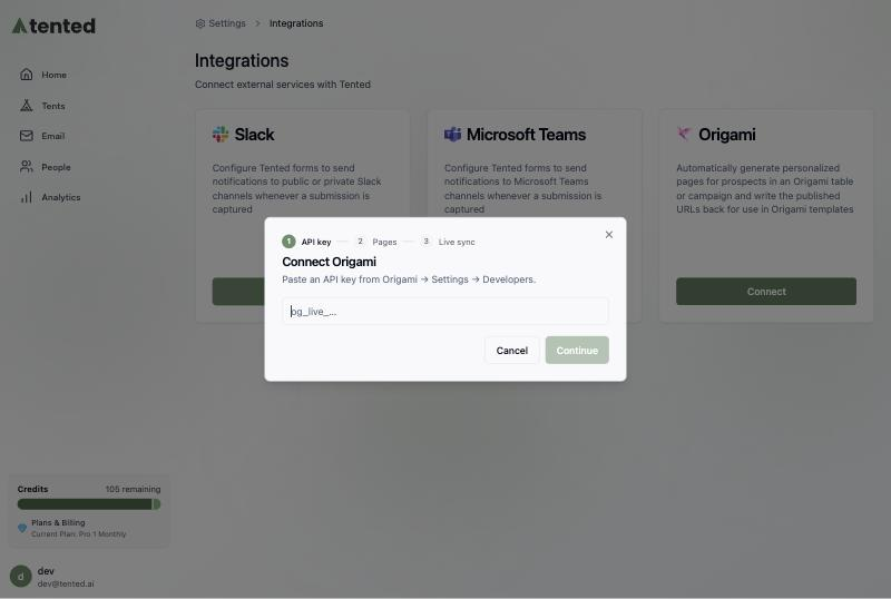 The Connect Origami dialog asking for an API key.