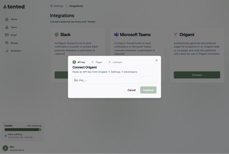 The Connect Origami dialog asking for an API key.