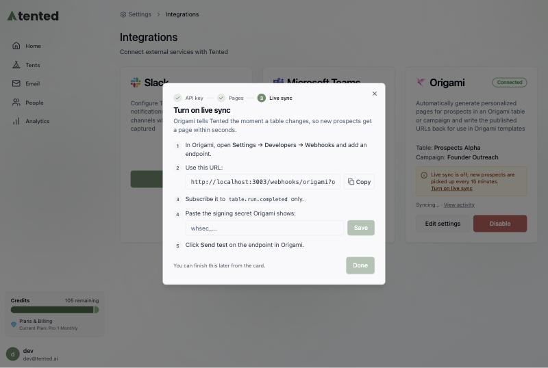 The Turn on live sync step listing the endpoint URL, the event to subscribe to, and a field for the signing secret.