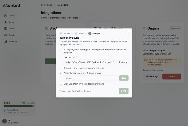 The Turn on live sync step listing the endpoint URL, the event to subscribe to, and a field for the signing secret.