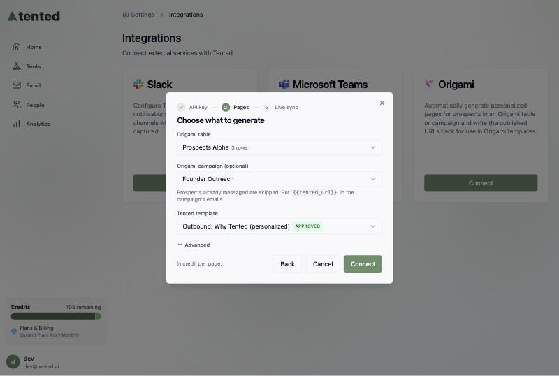 The Choose what to generate step with a table, a campaign, and a template selected.