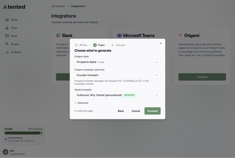 The Choose what to generate step with a table, a campaign, and a template selected.