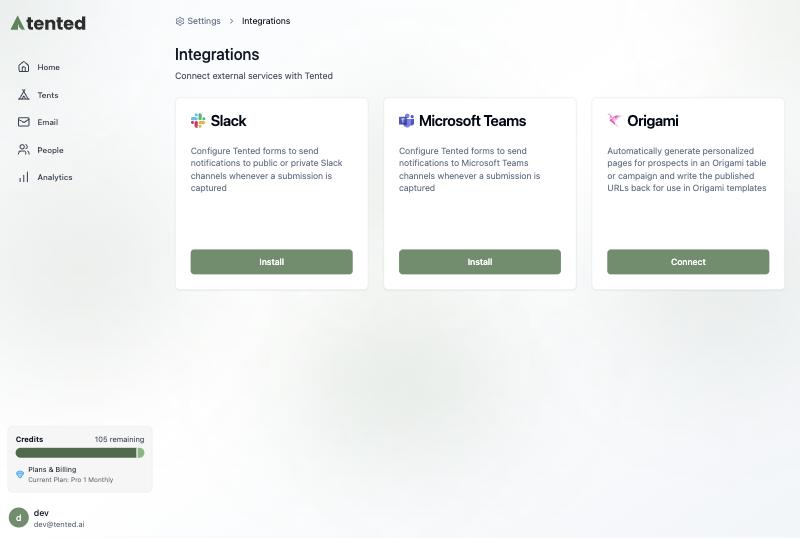 The Integrations page with the Origami tile and its Connect button.