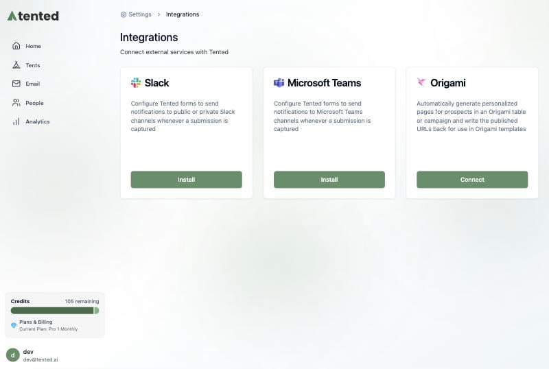 The Integrations page with the Origami tile and its Connect button.