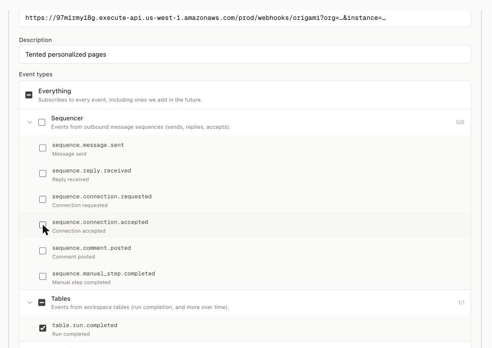 Origami's New endpoint form with the Tented URL pasted and only table.run.completed selected.