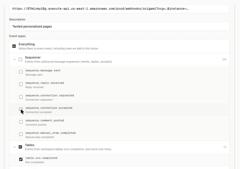 Origami's New endpoint form with the Tented URL pasted and only table.run.completed selected.