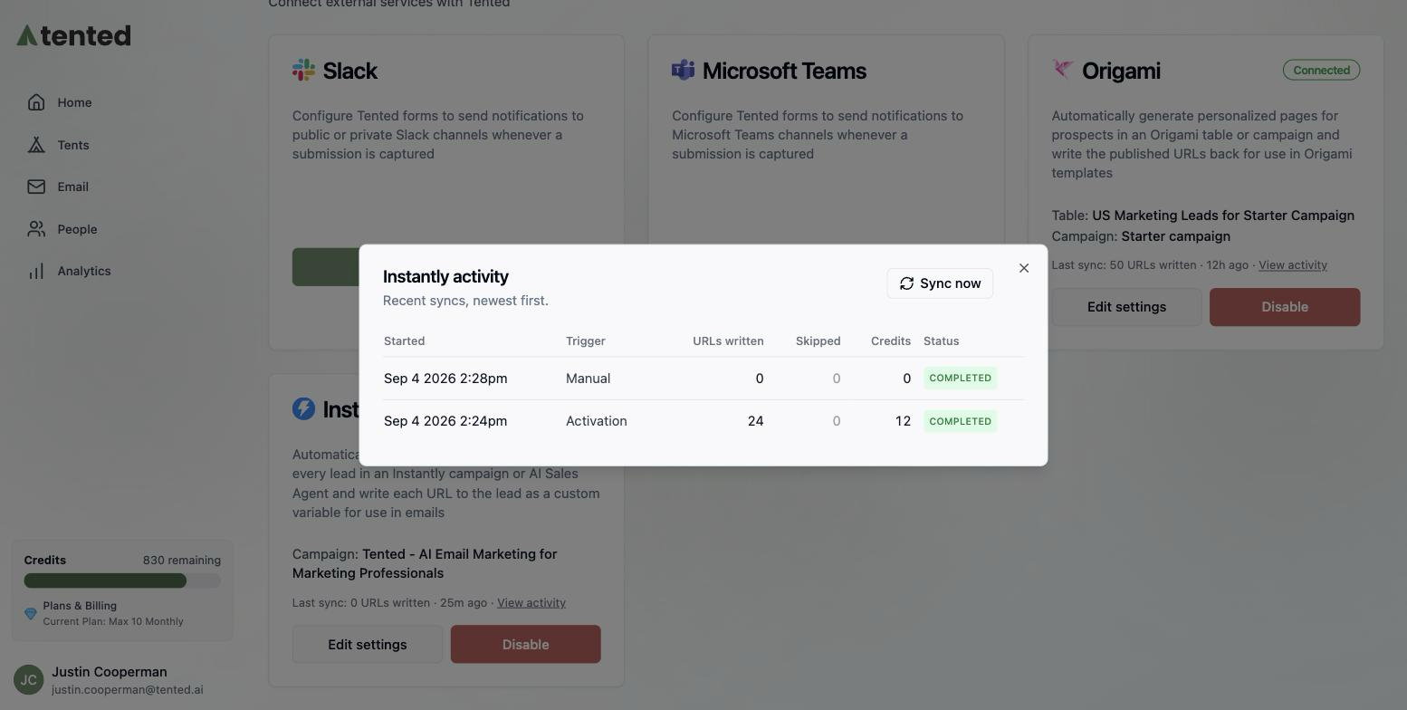 The Instantly activity dialog listing recent syncs.