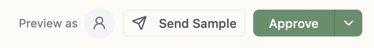 A screenshot of the email editor's top-bar controls showing the Send Sample button between Preview as and Approve.