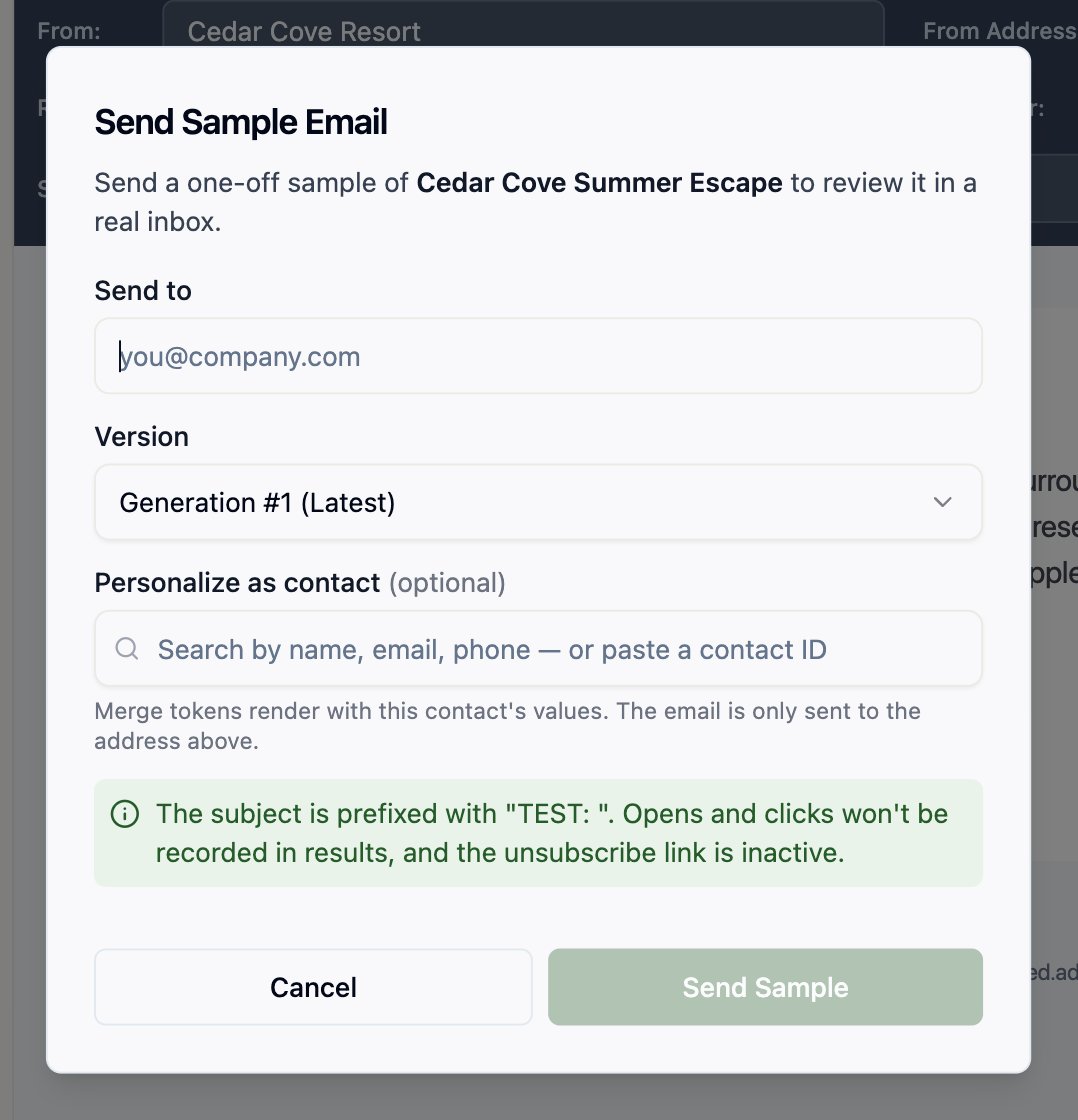 A screenshot of the Send Sample Email dialog with a recipient field, a version picker showing the latest generation, an optional contact personalization search, and a note that the subject is prefixed with TEST.