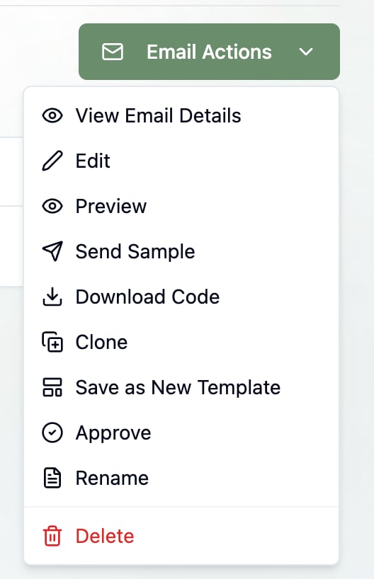 A screenshot of the Email Actions dropdown on the Emails list with a Send Sample item.