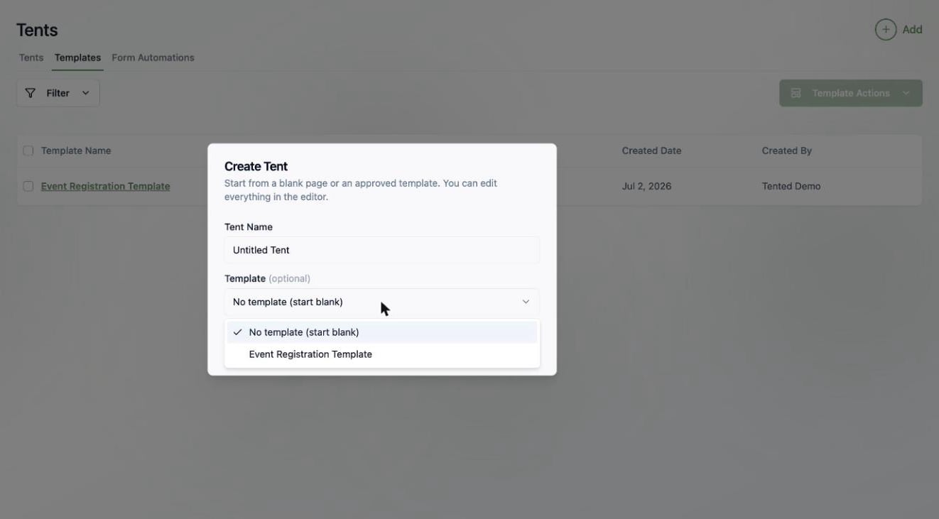 A screenshot of the Create Tent dialog with a template dropdown showing No template and Event Registration Template.