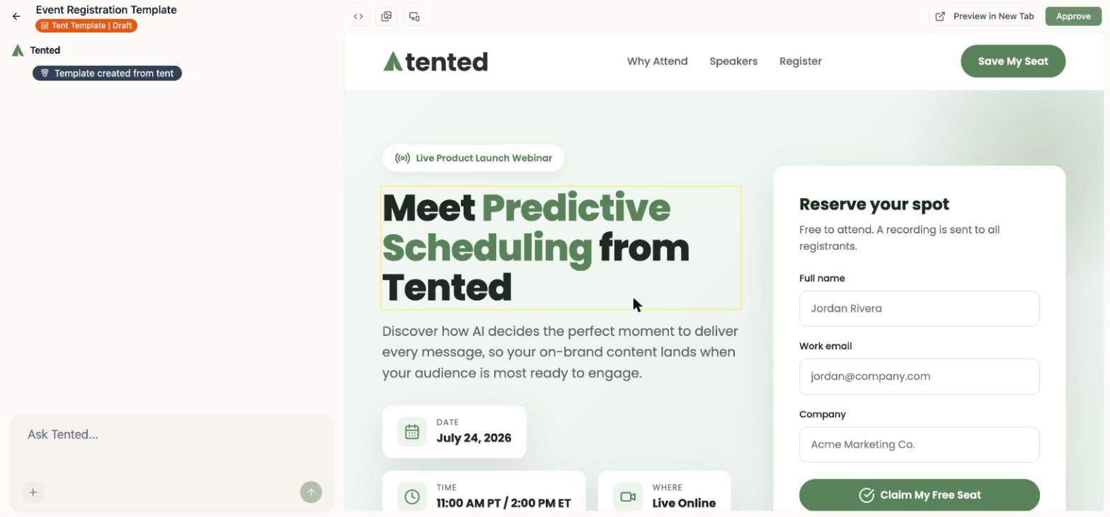 A screenshot of the tent template editor showing the event page design with an Approve button.