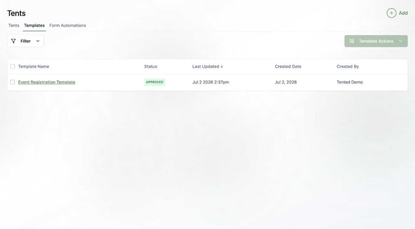 A screenshot of the Templates tab showing an approved Event Registration Template.