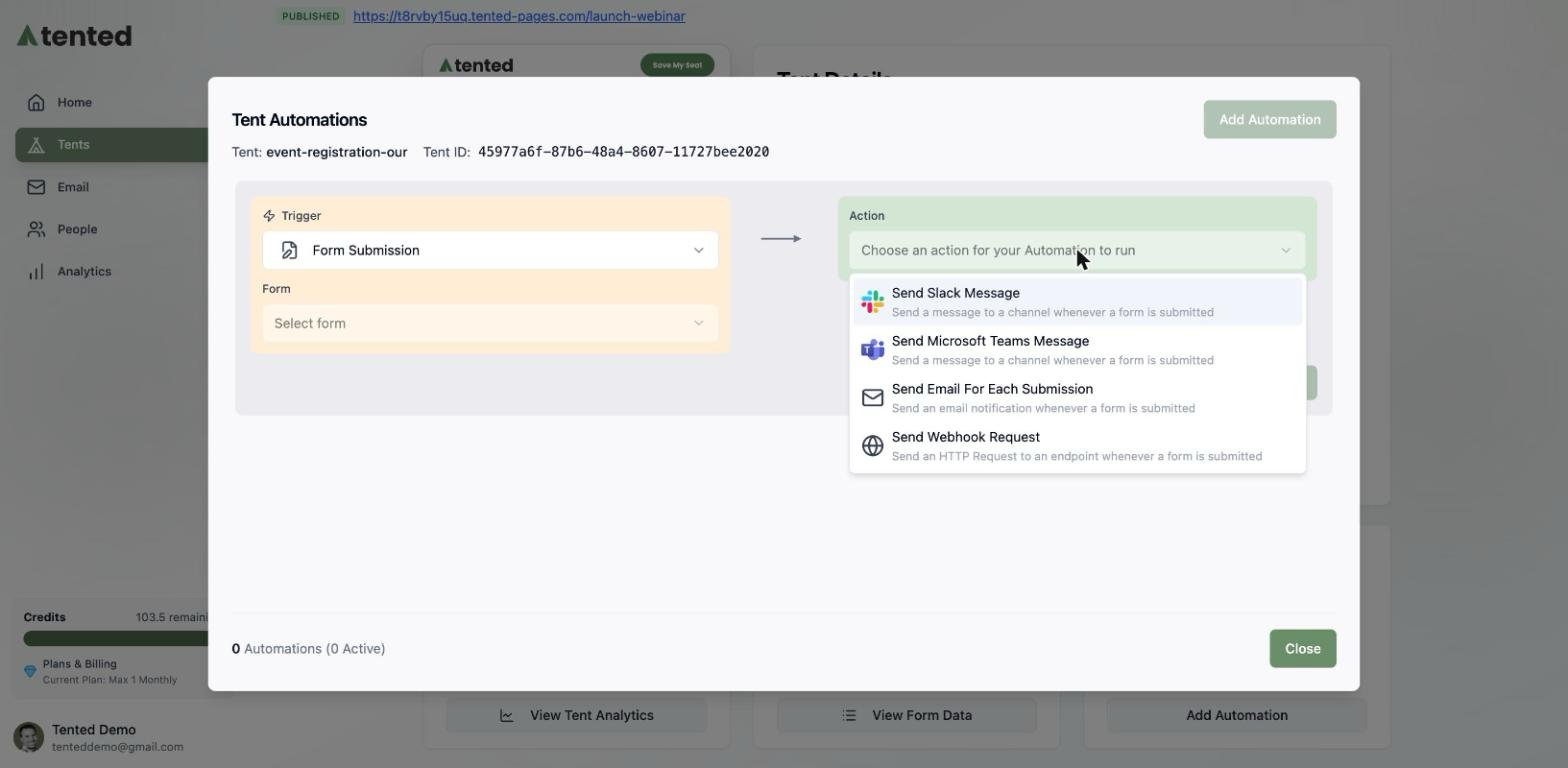 A screenshot of the action dropdown showing Send Slack Message, Send Microsoft Teams Message, Send Email For Each Submission, and Send Webhook Request.