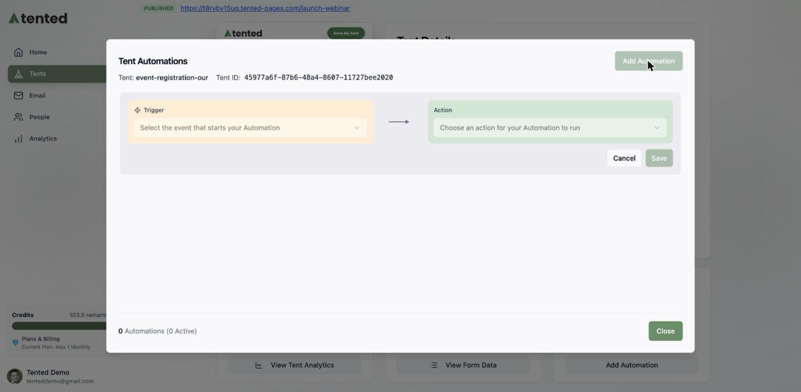 A screenshot of the Tent Automations builder with a Trigger dropdown on the left and an Action dropdown on the right.