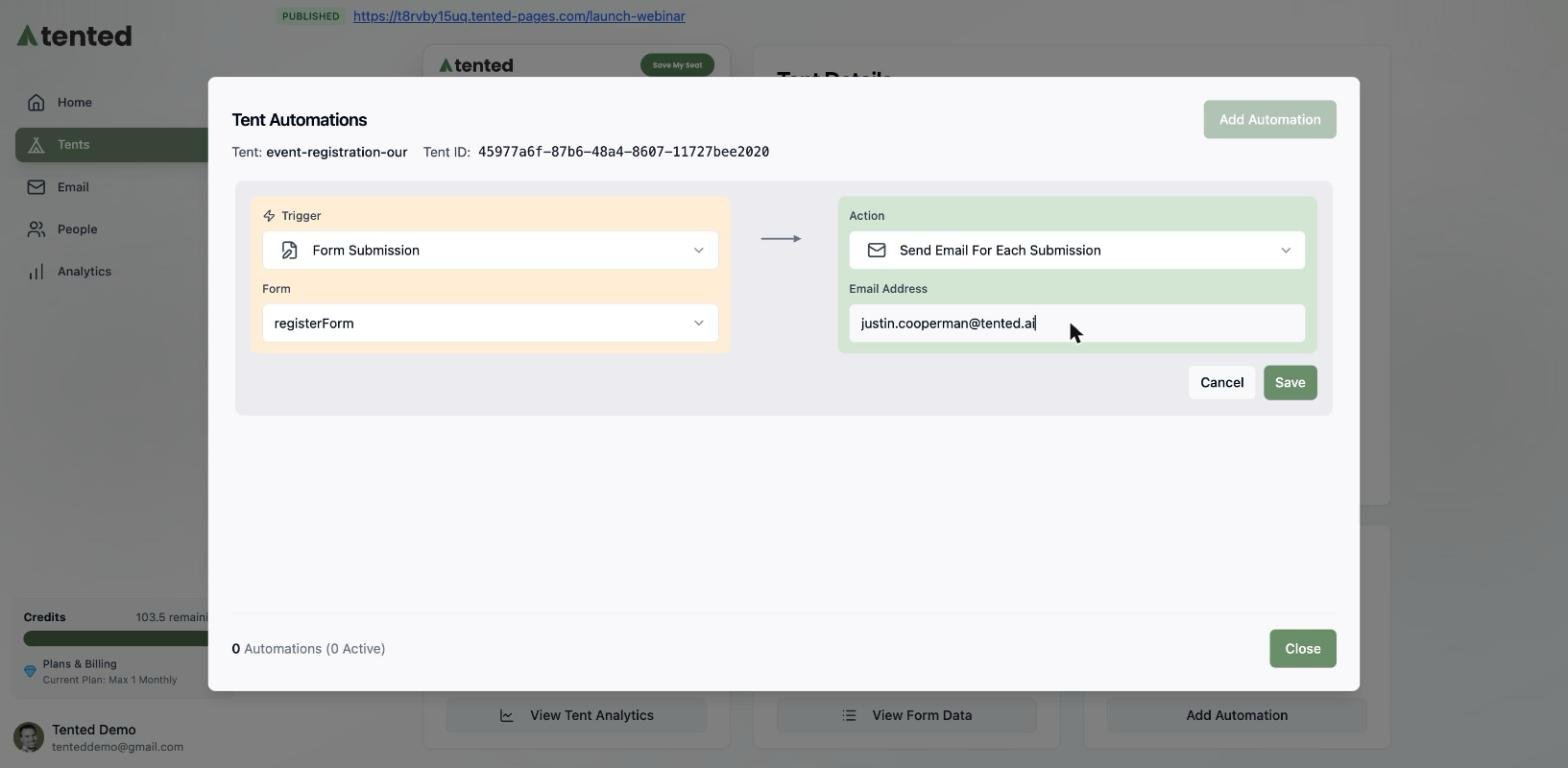 A screenshot of a configured automation: Form Submission on registerForm sends an email notification to a chosen address.