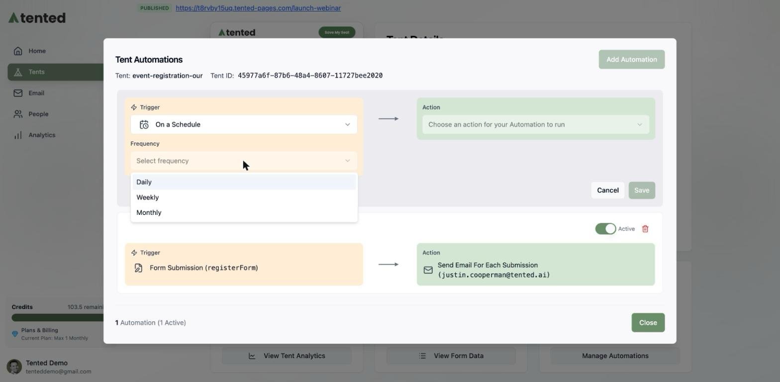 A screenshot of the On a Schedule trigger showing Daily, Weekly, and Monthly frequency options.