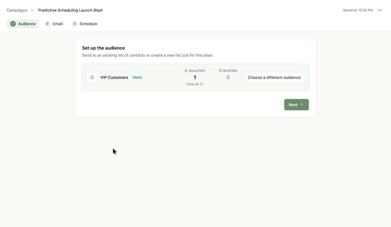 A screenshot of a selected audience showing 1 qualified contact and 0 blocked.